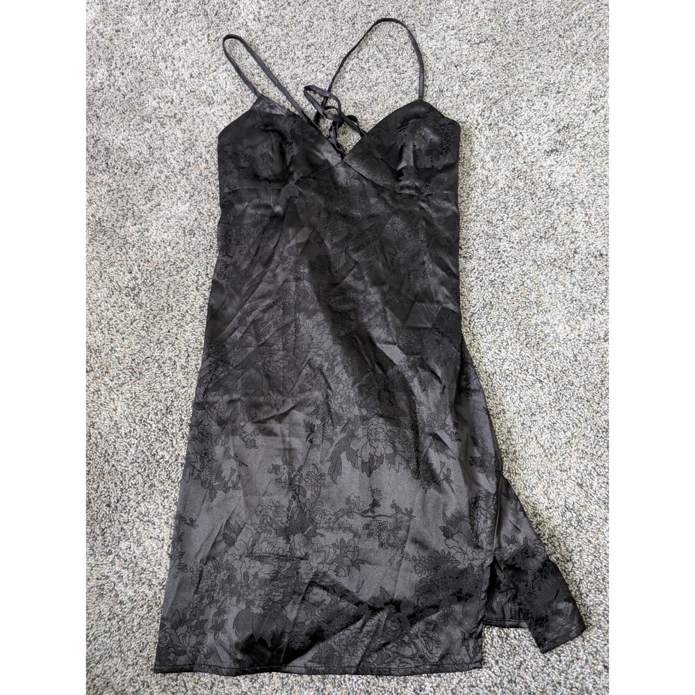 SHEIN Black Floral Satin Jacquard Lace Up Back Mini Slip Dress Mens Size Medium